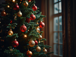 A Christmas tree adorned with red baubles and glowing lights.