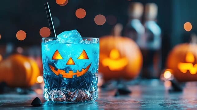Closeup of a Halloween themed cocktail with a glowing ice cube and black straw