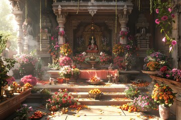 Fototapeta premium religious priest Performing temple in traditional vestments, praying in a secluded monastery