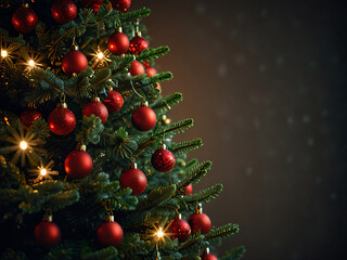A Christmas tree adorned with red baubles and glowing lights.