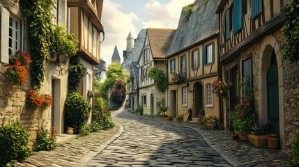 Fototapeta premium Ancient cobblestone street winding through a quaint European village lined with colorful houses.