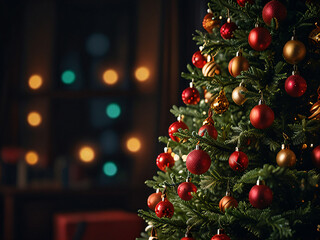 A Christmas tree adorned with red baubles and glowing lights.