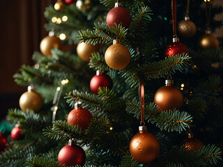 A Christmas tree adorned with red baubles and glowing lights.
