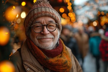 Fototapeta premium An elderly man in winter attire smiles warmly amid colorful bokeh lights at a festive outdoor market.