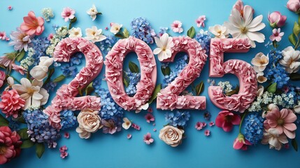 Colorful floral arrangement with 2025 and leafy accents