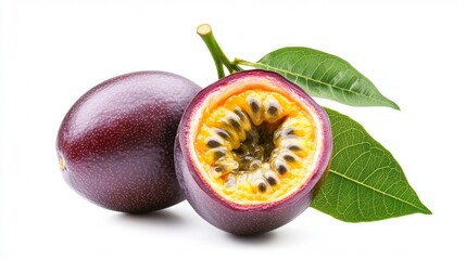Passion Fruit with Leaf Isolated on White Background