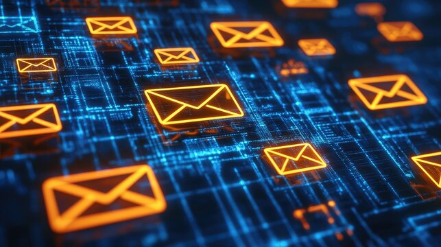 Automated email campaign icons with spam filters, symbolizing efficiency and protection in digital marketing