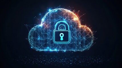 Cloud computing security. Cloud with padlock icon on dark background. Concept of data protection, cybersecurity, network security, and cloud storage.