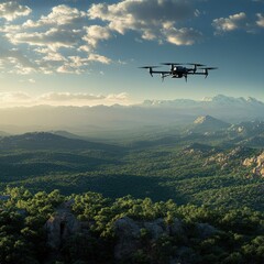 Fototapeta premium Autonomous drone flying over a landscape, with high-tech sensors and camera technology visible.
