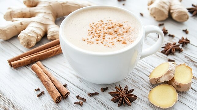 Spiced chai tea in a white mug with cinnamon, ginger, and star anise on a wooden table