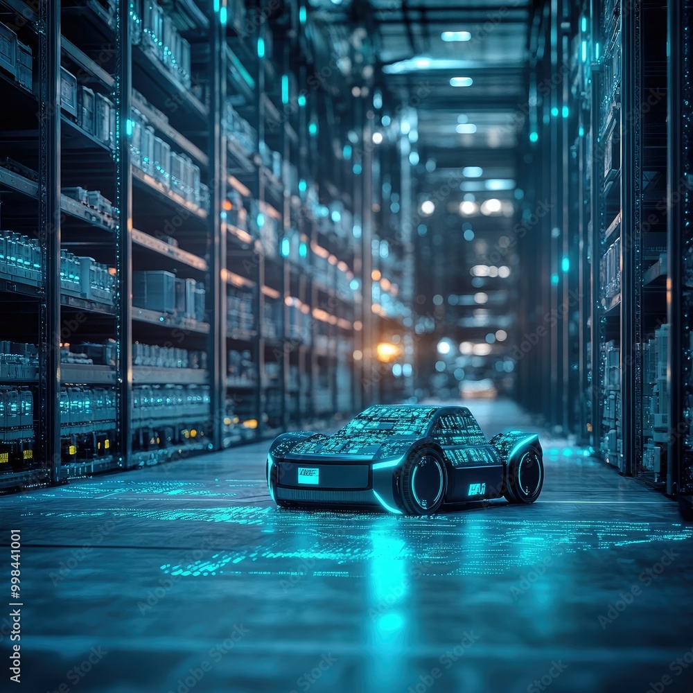 Poster autonomous robotic vehicle scanning an industrial environment, symbolizing advancements in ai-driven