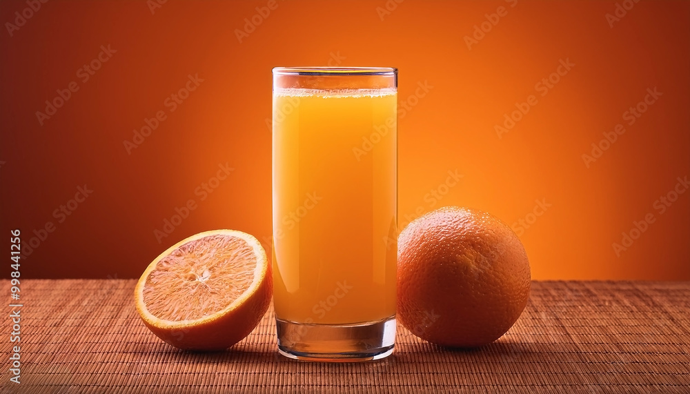 Wall mural glass of fresh orange juice over orange background