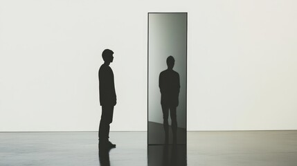 Fototapeta premium A silhouette stands before a tall mirror, creating a thought-provoking contrast between self-perception and reflection in a minimalist setting.