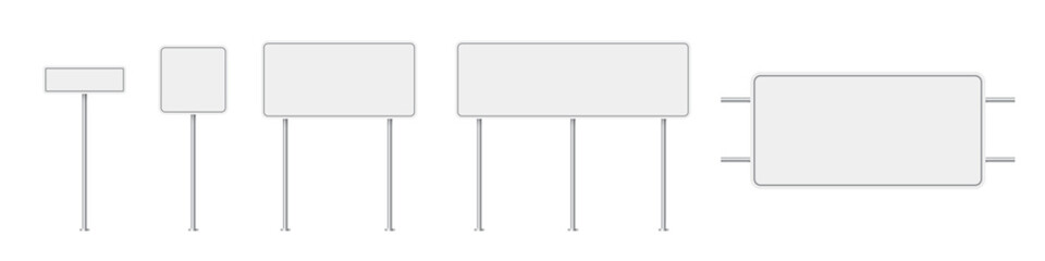 Road traffic signs of different shapes on metal poles vector illustration set. 3d realistic white blank street signboards. Isolated empty roadside signposts to notice information, danger, guide.