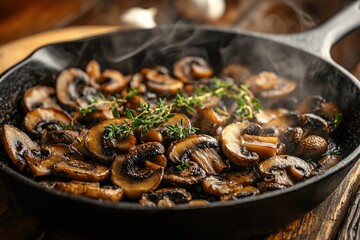 Fototapeta premium Sautéed mushrooms with fresh herbs in a cast iron skillet, steaming and ready to serve