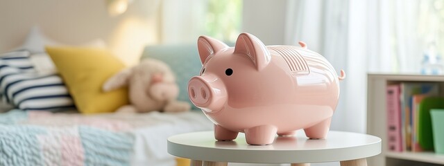 Pink piggy bank in a childs room side view early saving. Cute piggy bank with copy space nursery children's room background, cozy happy home interior, financial for kid concept.