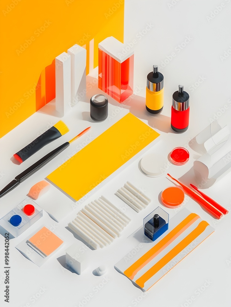 Poster closeup of a vibrant screen printing setup on a clean white background with modern minimalist aesthe