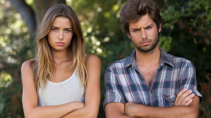 Obraz premium Arms folded couple in nature with frown expressions portrait image. Caucasian woman man wearing casual summer clothing picture photorealistic. Tense relationships concept photo realistic