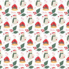 Christmas Cute Background. Snowman, red berries, lettering. Pattern on white background. Vector pattern in flat cartoon style.