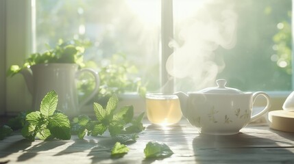 Cup of Steaming Tea with Mint Leaves. Windowsill of cottage against snow landscape. Cozy summer, spring,  autumn background. Still life concept. Banner with copy space