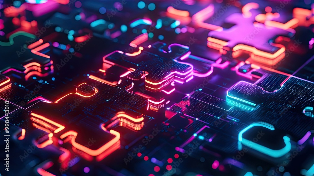 Poster bright neon puzzle pieces aligning on a high-tech digital platform, representing api integration and