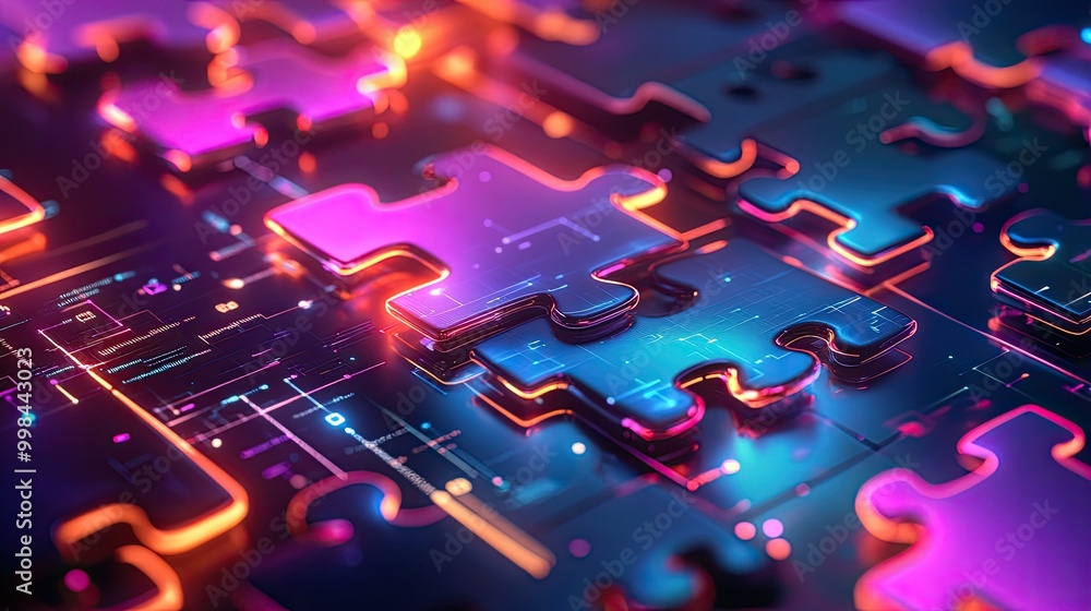 Poster bright neon puzzle pieces aligning on a high-tech digital platform, representing api integration and
