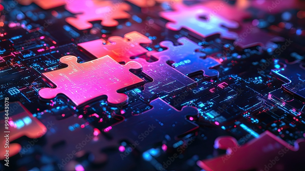 Poster bright neon puzzle pieces assembling in a high-tech digital background, representing the concept of 