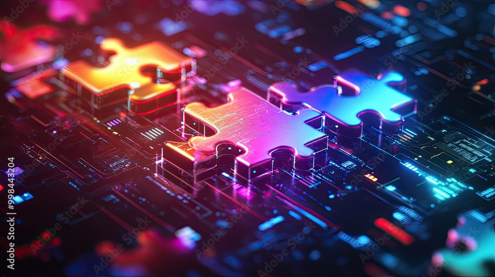 Poster bright neon puzzle pieces assembling on a high-tech digital background, symbolizing api integration 