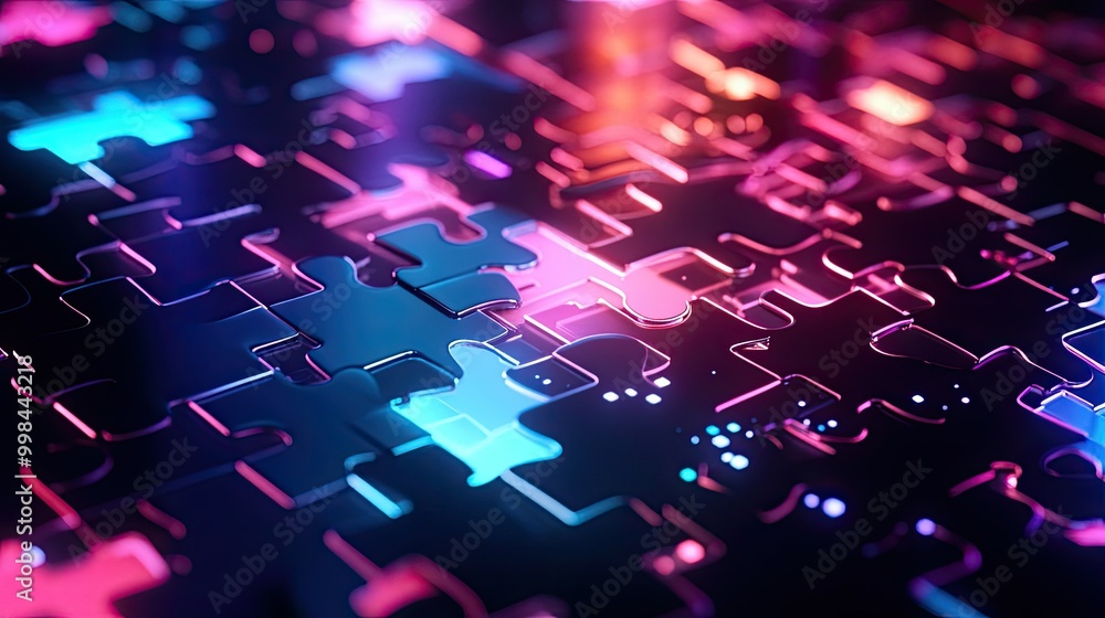 Poster bright neon puzzle pieces assembling on a high-tech digital screen, representing seamless api integr