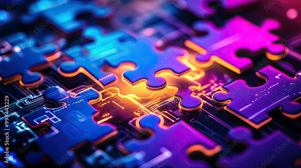 Aufkleber bright neon puzzle pieces assembling on a high-tech digital background, symbolizing api integration 