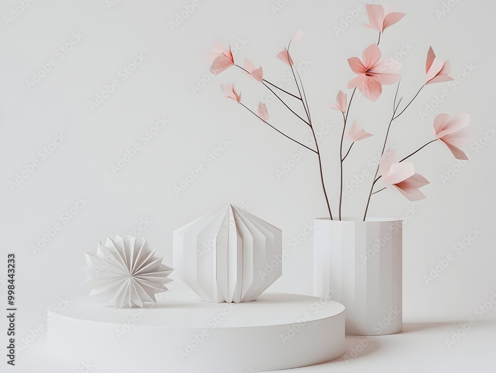 Poster closeup of intricate origami tools and folded paper patterns on minimalist white background