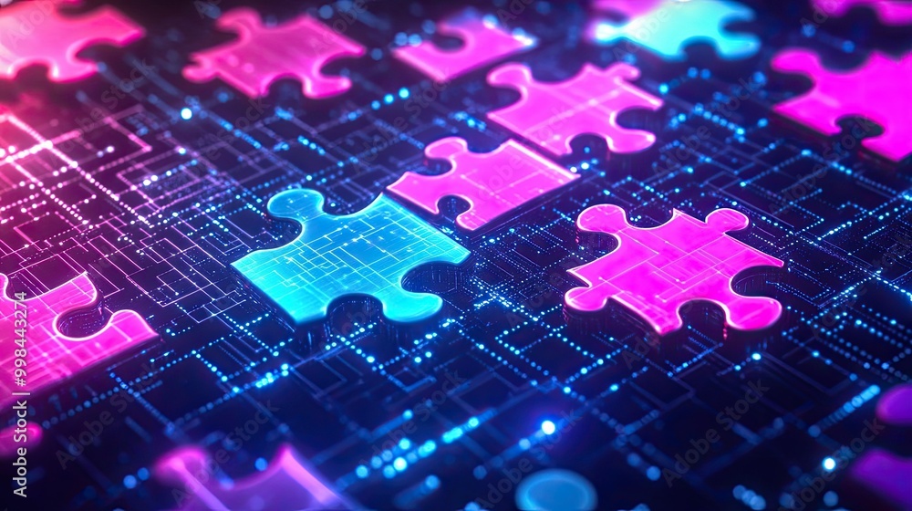 Aufkleber bright neon puzzle pieces assembling on a high-tech digital background, symbolizing api integration 