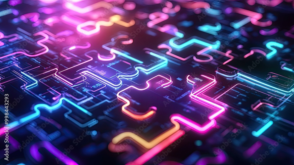 Poster bright neon puzzle pieces assembling on a high-tech digital background, symbolizing api integration 