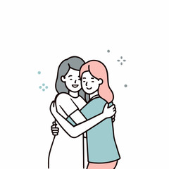  Minimalist illustration of two women hugging, friendship concept, cartoon style