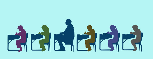An adult man sits in an elementary school desk in an elementary classroom in an illustration about people going back to complete their education or get an advanced degree or a high school diploma or a