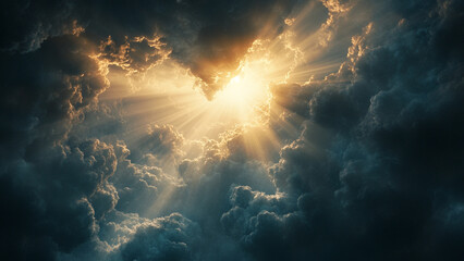 Light Through the Darkness , Rays of light break through dark, swirling cloud.