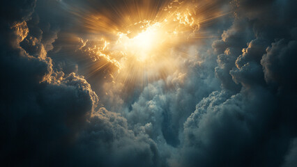 Light Through the Darkness , Rays of light break through dark, swirling cloud.