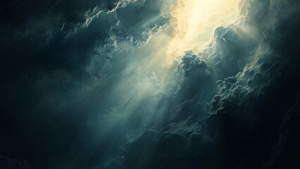 Light Through the Darkness , Rays of light break through dark, swirling cloud.