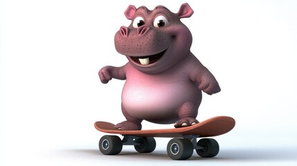 Naklejka premium A cartoon baby hippo riding a skateboard, isolated on a white background