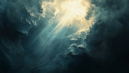 Light Through the Darkness , Rays of light break through dark, swirling cloud.