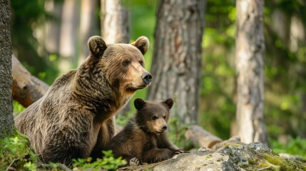 Fototapeta premium A mother bear and her cub are sitting on a rock in a forest