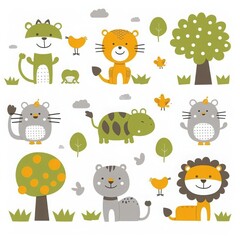 Fototapeta premium Animals pattern, playful and whimsical illustration featuring various cute animal characters, including lion, tiger, hippo, mouse, set against minimalistic forest background. for children’s products