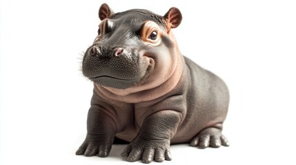 Fototapeta premium A cute baby hippo with a big grin, sitting down, isolated on a white background