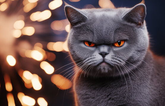 The furious cat is irritated by the Christmas fireworks that disrupt the peaceful holiday, trying to find a quiet place away from the racket