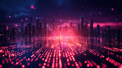 Obraz premium An abstract digital virtual city scan concept, highlighting potential hacker attacks with programming and binary code elements.
