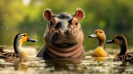 A hippopotamus surrounded by ducks in a serene water setting, capturing the beauty of wildlife interactions.