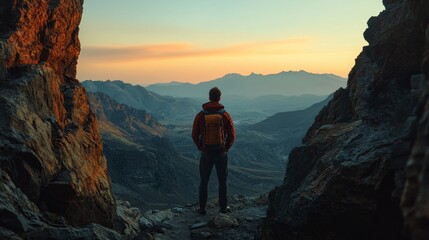 Man stands between cliffs at dusk, gazing over a valley with distant mountains under a gradient twilight sky.
