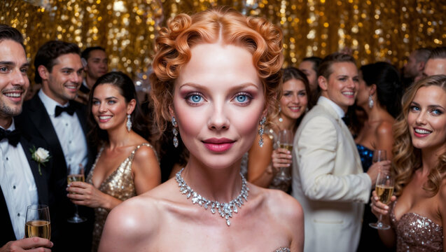 Bellissima ragazza con capelli rossi durante la festa di capodanno in discoteca con tante persone in un locale notturno