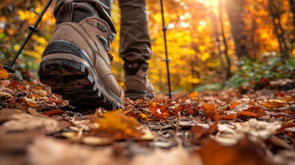 Close-up of hiking boots on a leaf-covered trail, with sunlight streaming through colorful autumn trees.