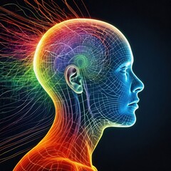 Obraz premium Humano visto de perfil, con líneas neón, simboliza la humanidad y su complejidad de sentimientos y pensamientos